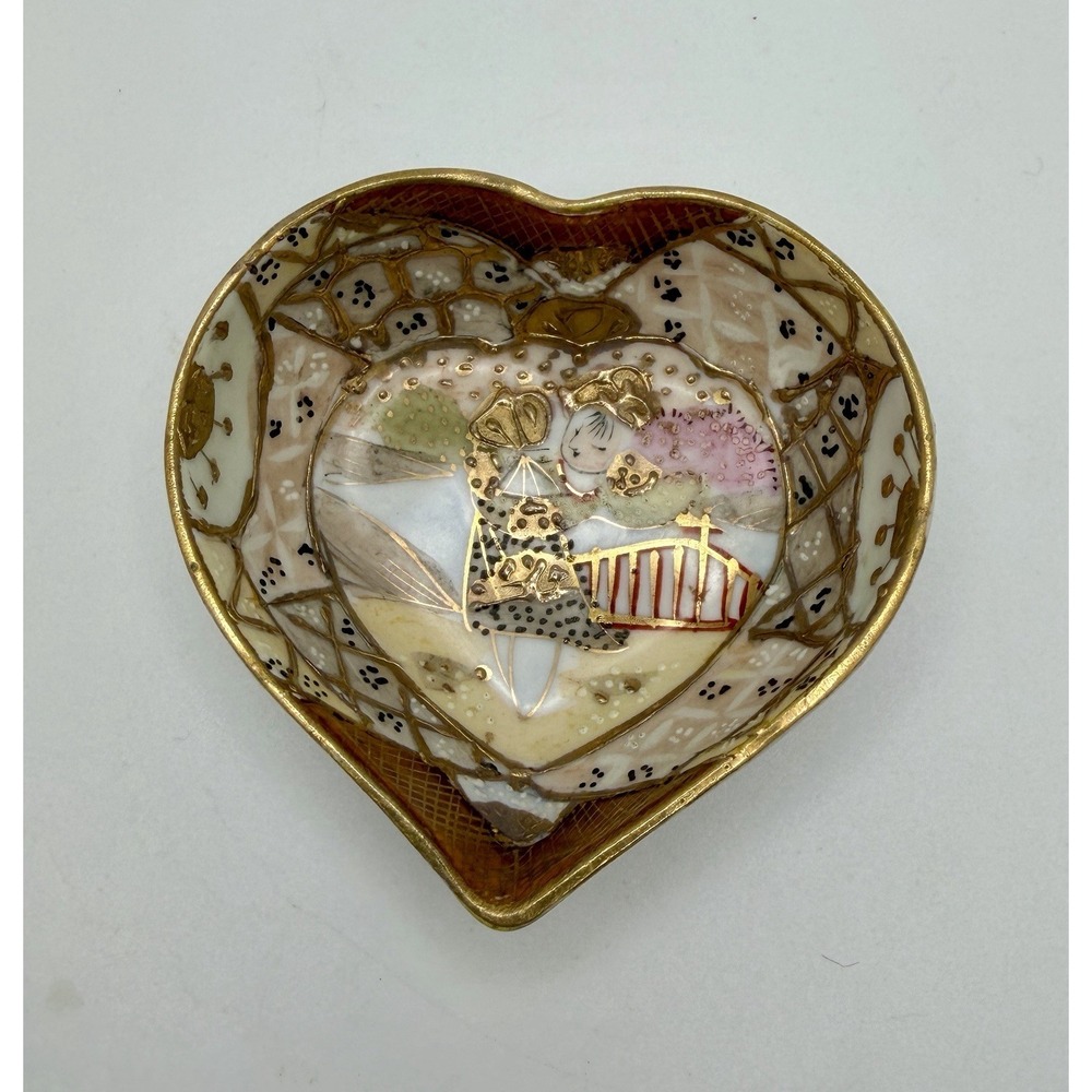 Antique Nippon Royal Satsuma Heart Trinket Dish Hand Painted Japanese Porcelain